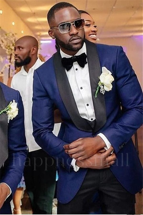 Axel Stylish Navy Blue Three Piece Wedding Groomsmen Suit with Black Shawl Lapel