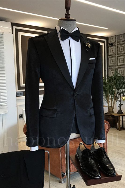 Best Fitted Black Velvet  Peaked Lapel One Button Men Suits | Happnessmall