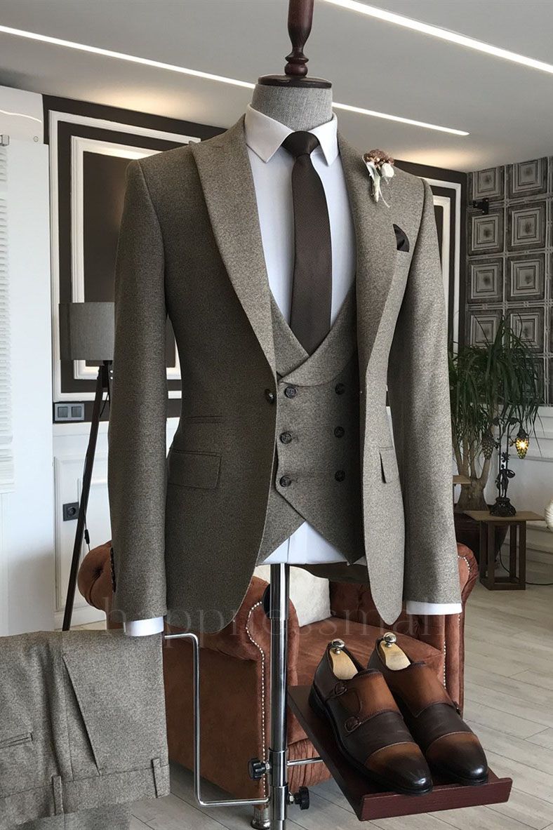 Artemis Elegant Solid Dark Brown Peaked Lapel One Button Business Men Suits