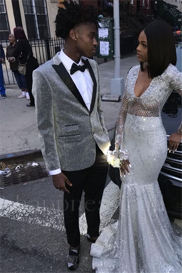 Jaxon Chic Silver Sequins Peaked Lapel Two Piece Prom Men Suits