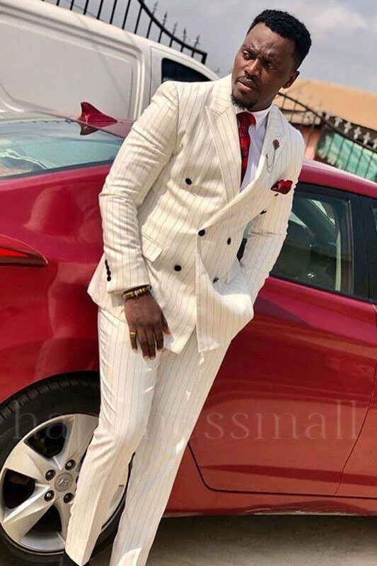 Ethan Popular White Striped Double Breasted Peaked Lapel Men Suits