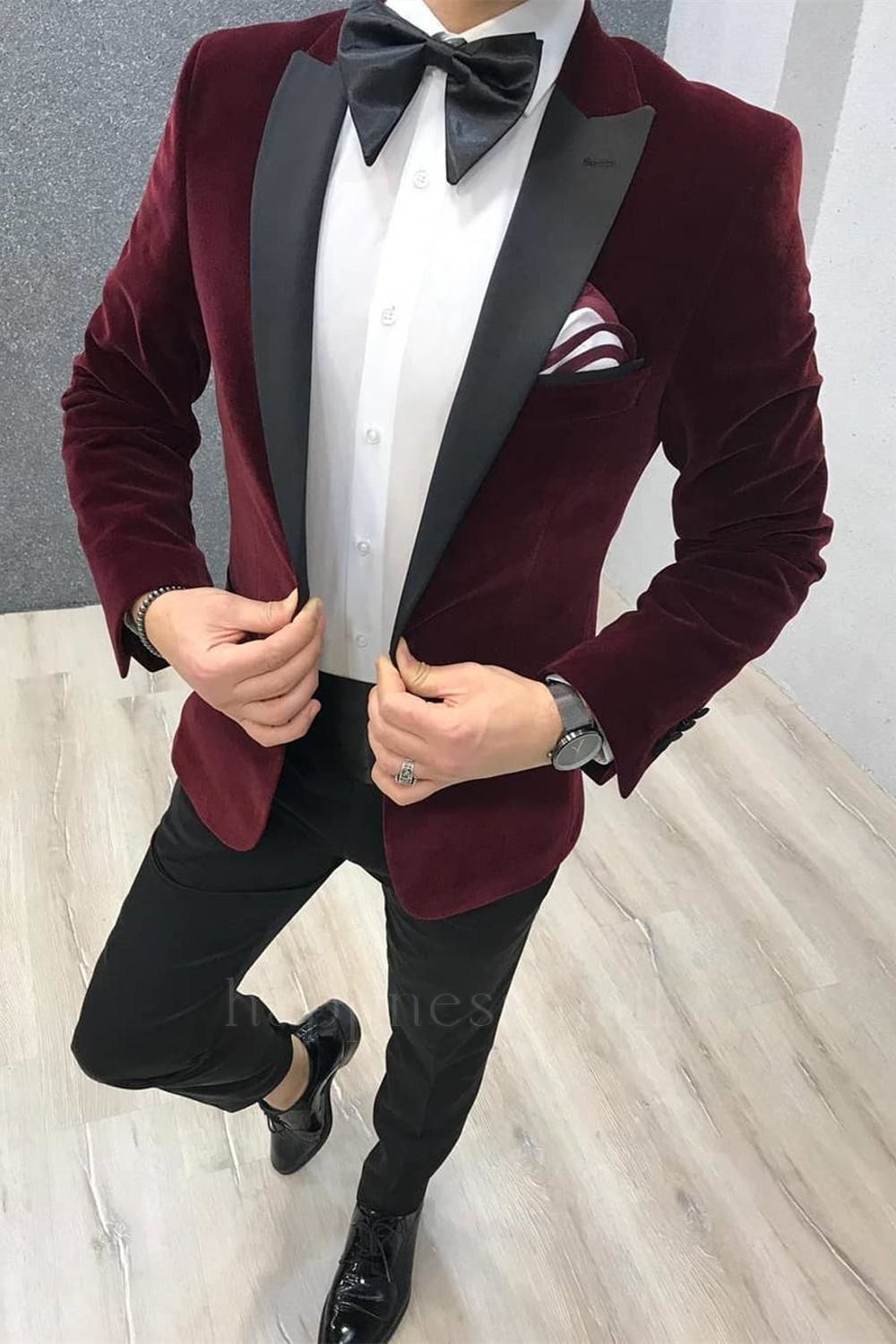 Modern Burgundy Velvet 2 Piece Wedding Suits | Black Satin Peak Lapel Wedding Tuxedos