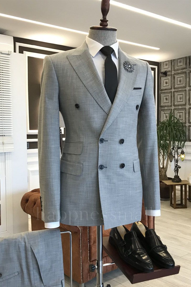 Evangelia Stylish Gray Peaked Lapel  Double Breasted Tailored Business Suits For Men