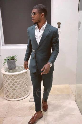 Joseph Chic Dark Green Peaked Lapel Prom Men Suits with Adjustable Buckle