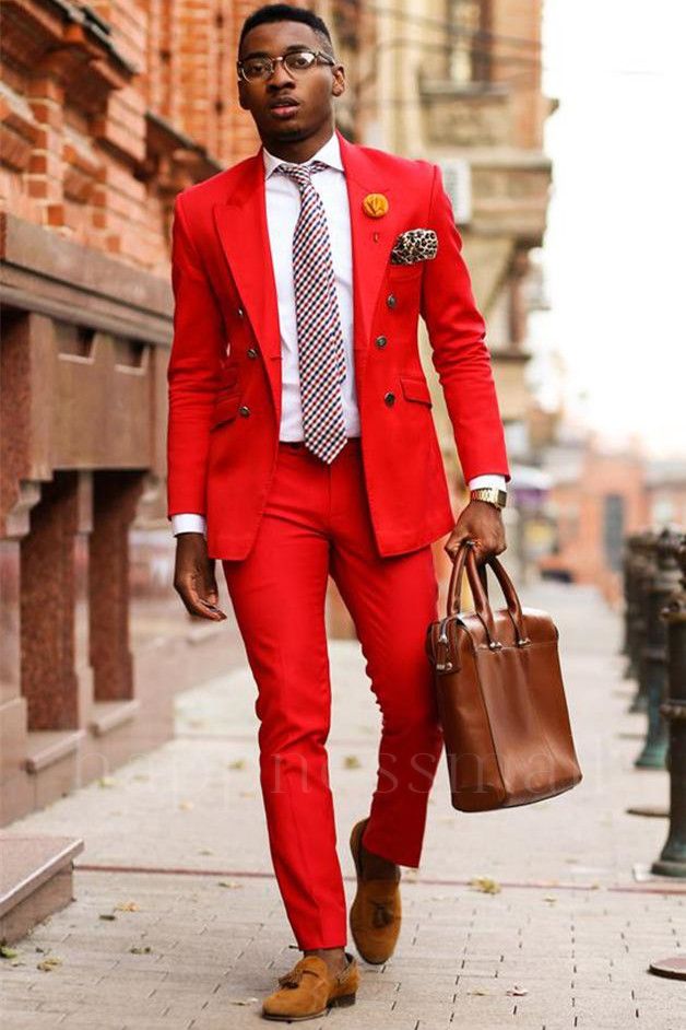 Petros Handsome Red Double Breasted Peaked Lapel Prom Men Suits