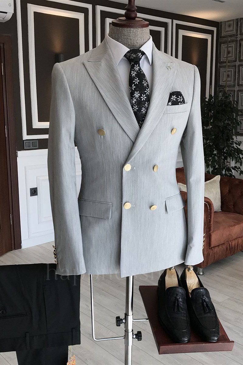 Stylish Light Gray Silver Peaked Lapel Double Breasted Business Men Suits | Happnessmall