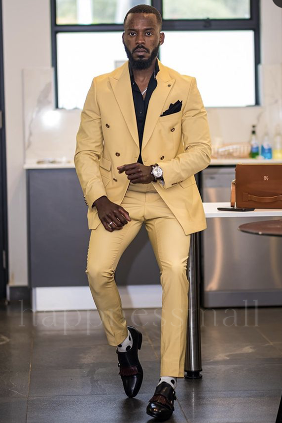 Scarlett Newest Yellow Double Breasted Peaked Lapel Men Suits On Sale