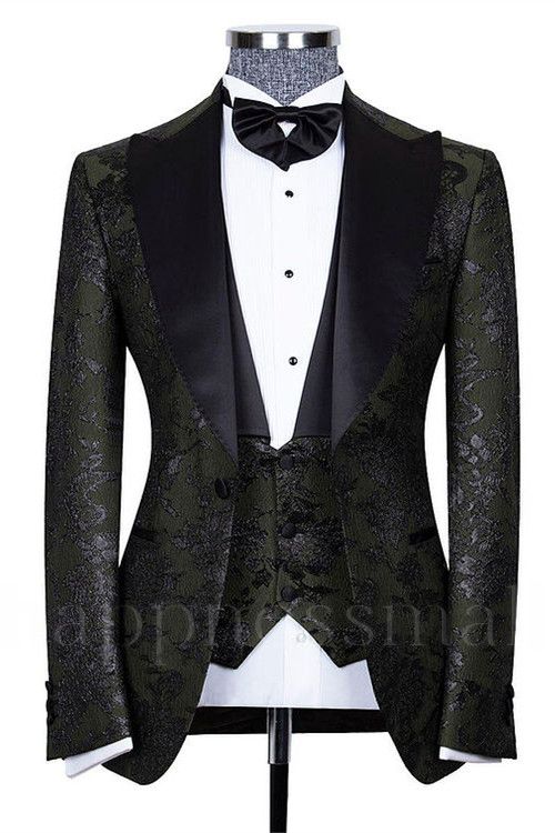 Gabriel Stylish Black Three Pieces Jacquard Peaked Lapel Wedding Groom Suits