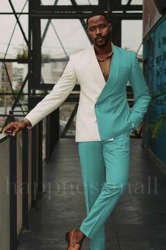 Elio Chic White And Bluish Green Slim fit One Button Lastest Prom Men Suits