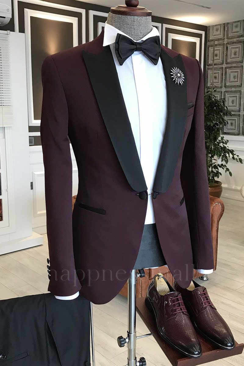 Maverick Stylish Burgundy Mixed Black Peaked Lapel One Button Men's Formal Suit