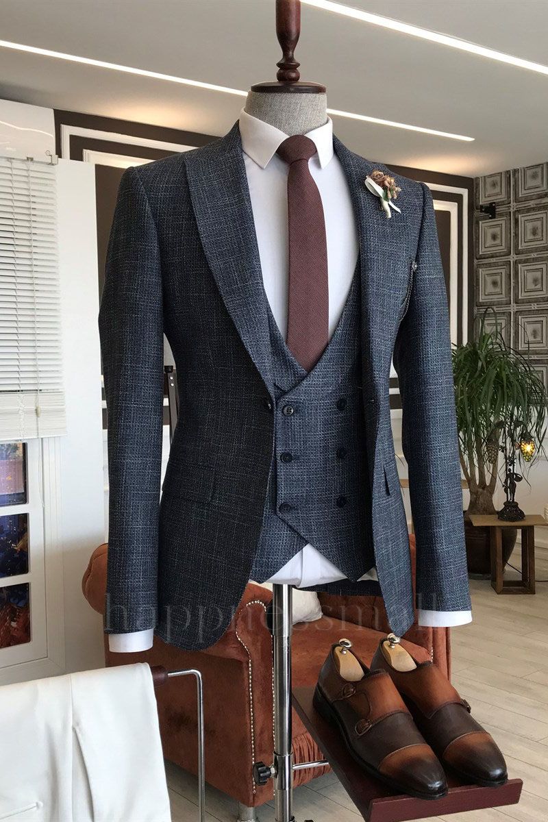 Titos New Arrival Black Plaid Double Breasted Peaked lapel Formal Menswear