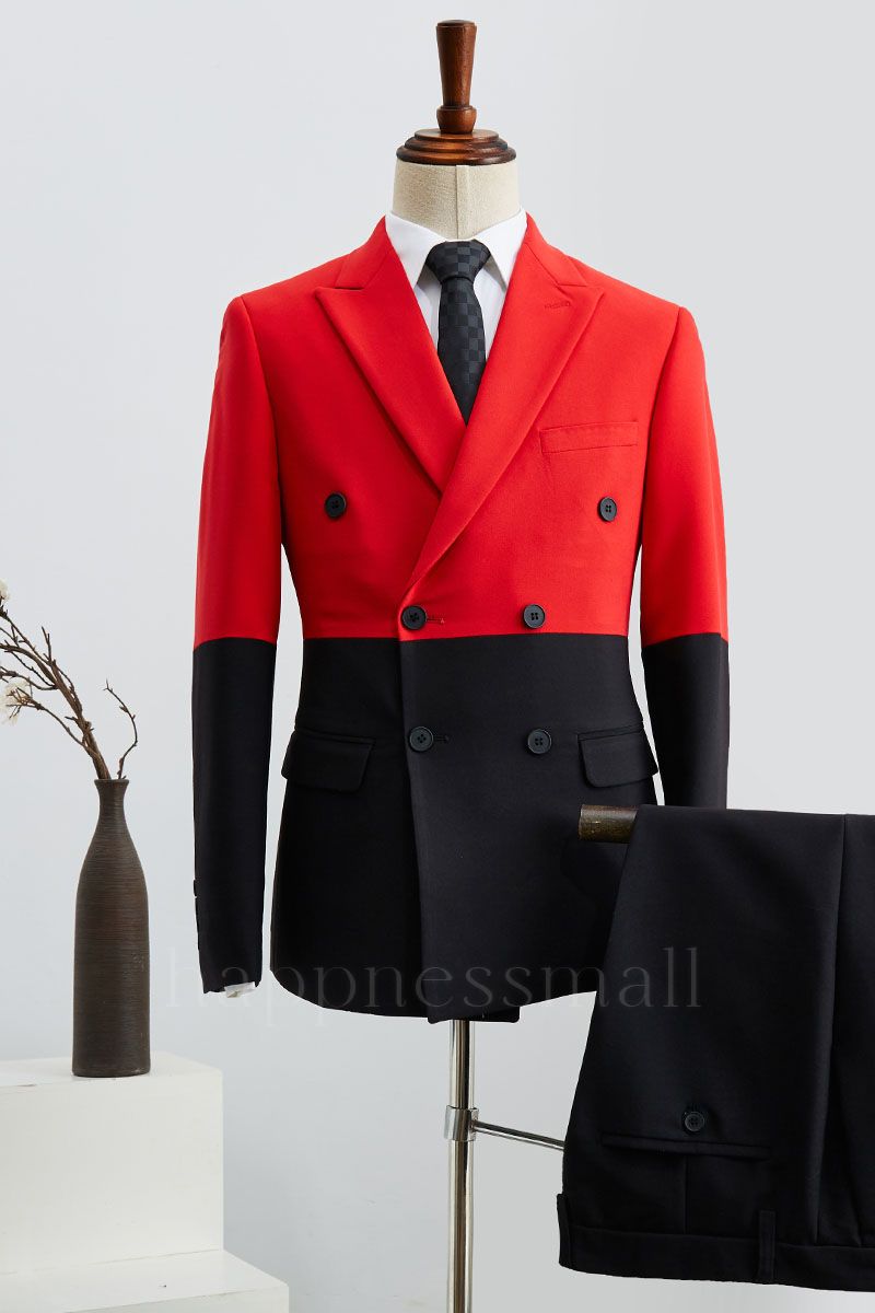 Ethan Stylish Black And Red Peaked Lapel Double Breasted Prom Suit