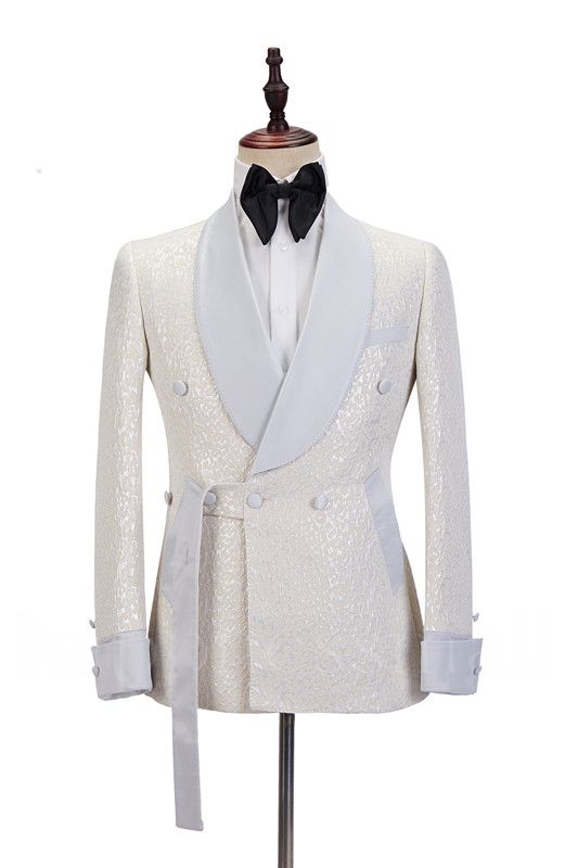 Fashion Off White Shawl Lapel Slim Fit Jacquard Bespoke Wedding Suits