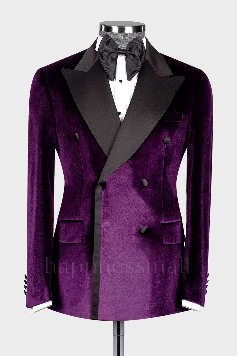 Beckett New Arrival Purple Double Breasted Velvet  Prom Suits With Peaked Lapel