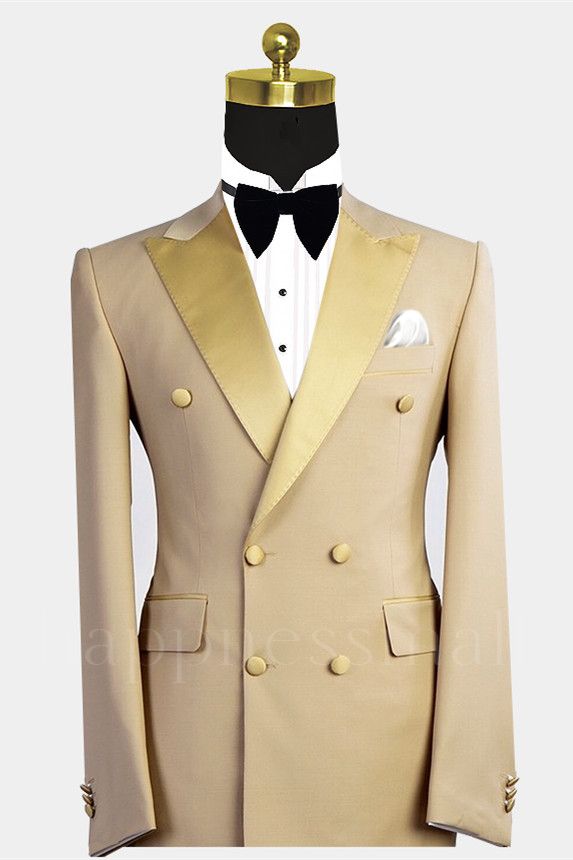 Fashion Gold Peaked Lapel Double Breasted Bespoke Men Suit for Prom