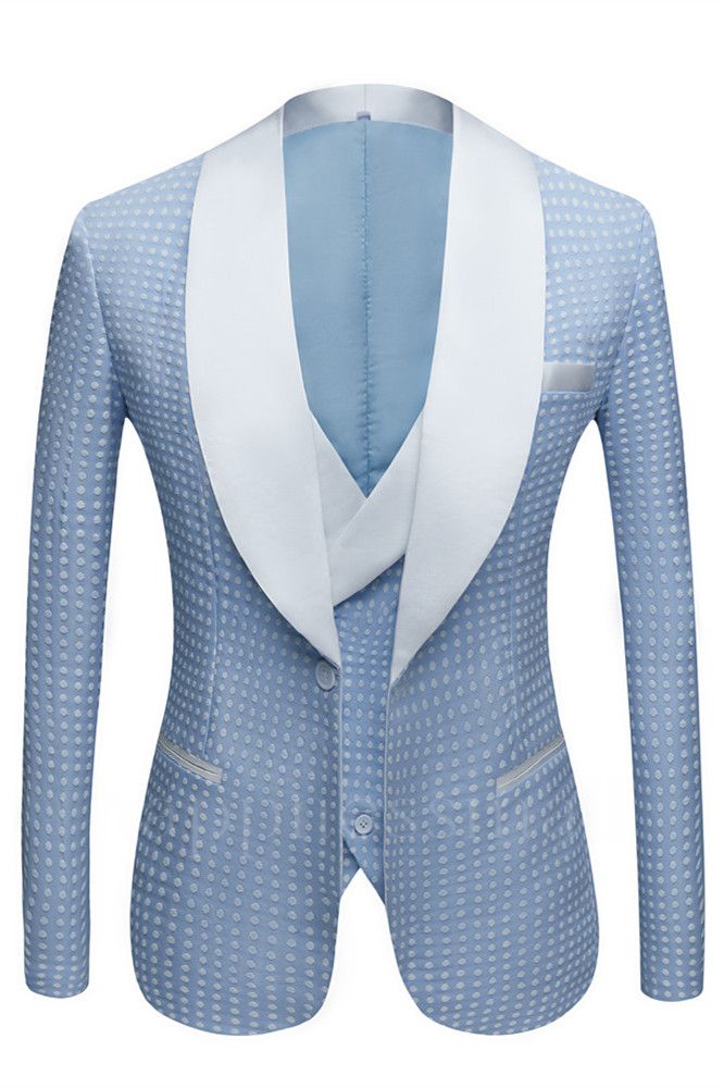 Unique Sky Blue Dot Single Button Wedding Groom Set  with Shawl Lapel