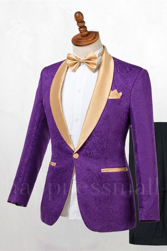 Special Design Purple One Button Gold Lapel Wedding Men Suit