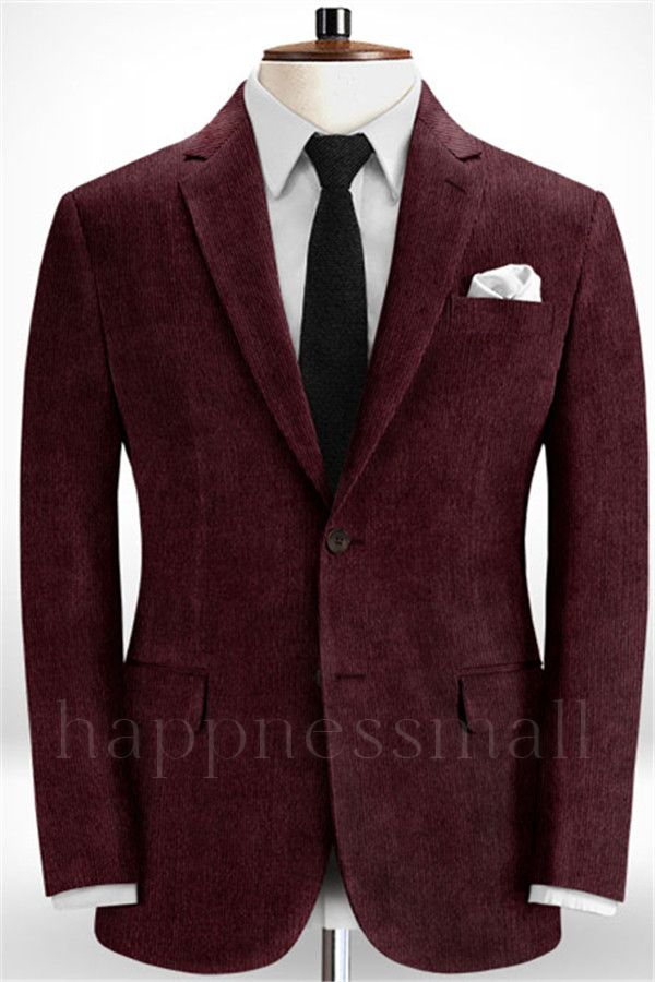New Arrival Burgundy Corduroy Striped Prom Men Suits
