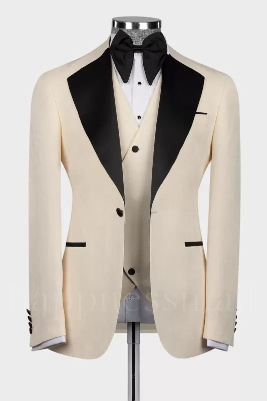 Popular Champagne Three Pieces One Button Prom Suit With Black Lapel | Happnessmall