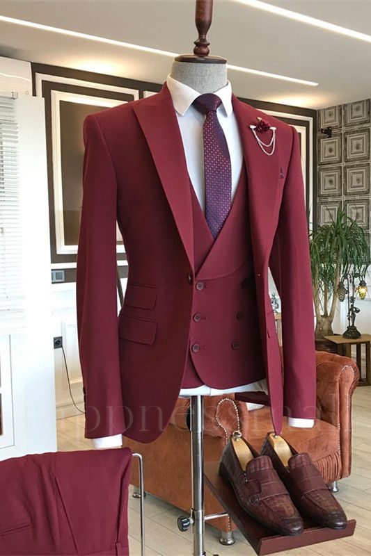 Titos Stylish Dark Red Peaked Lapel Slim fit Three Pieces  Men Suits