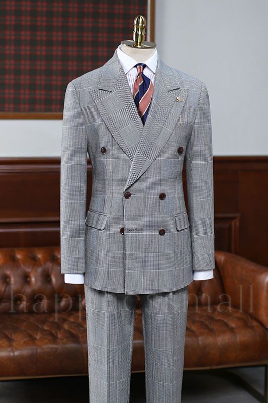 François Gentle Gray Plaid Peaked Lapel Double Breasted Bespoke Men Suit For Business