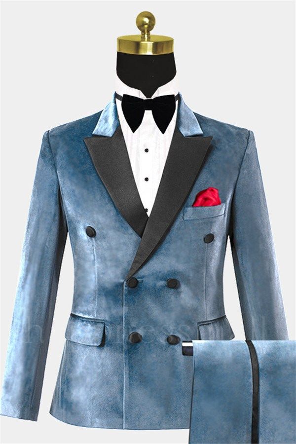 Blaze Gentle Steel Blue Velvet Tuxedo | Double Breasted 2 Pieces Prom Suits for Men