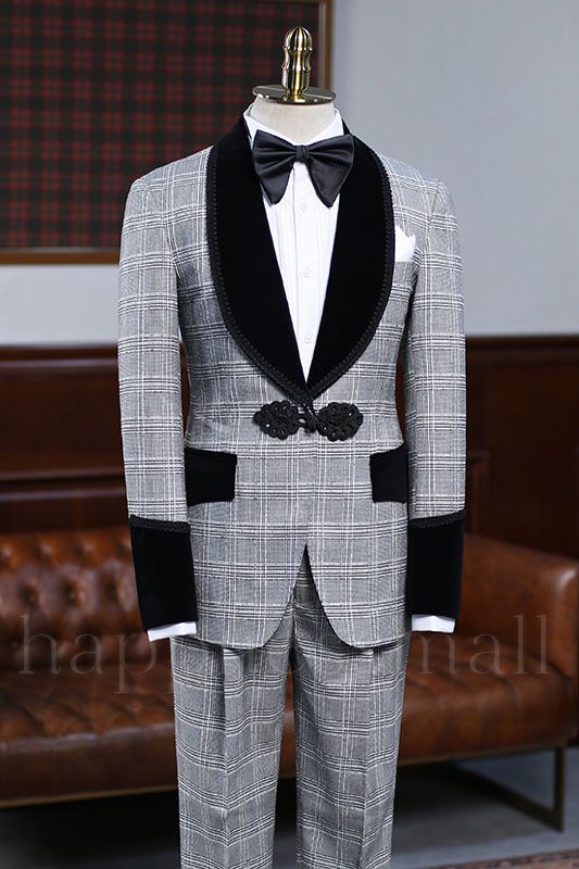 Maverick Special Design Gray Plaid Knitted Button Wedding Suit For Grooms