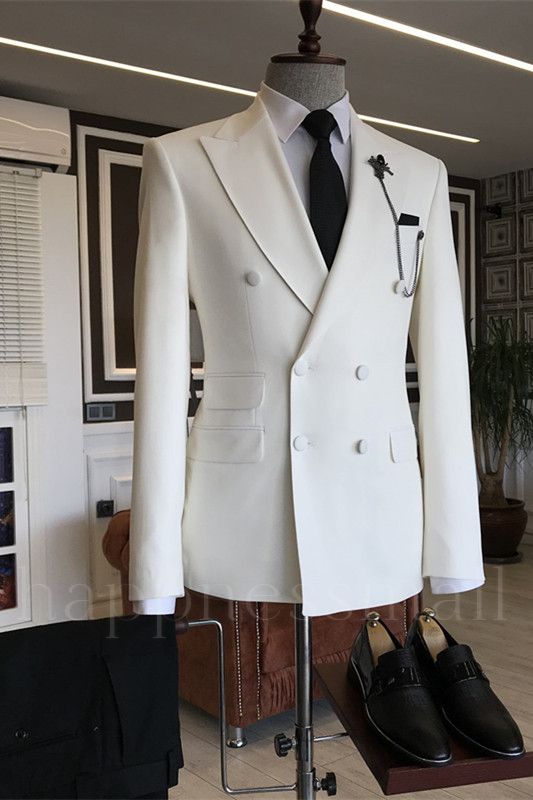 Happnessmall Stylish White Double Breasted Slim Fit Men Suits