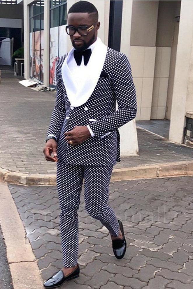 Silas Chic Black Dot Double Breasted Mens Suit with White Lapel