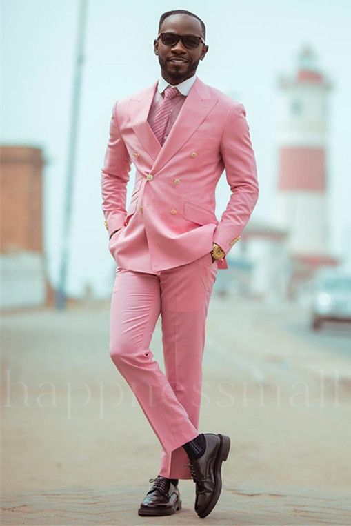 Stylish Pink Double Breated Peaked Lapel Chic Men Suits for Prom | happnessmall