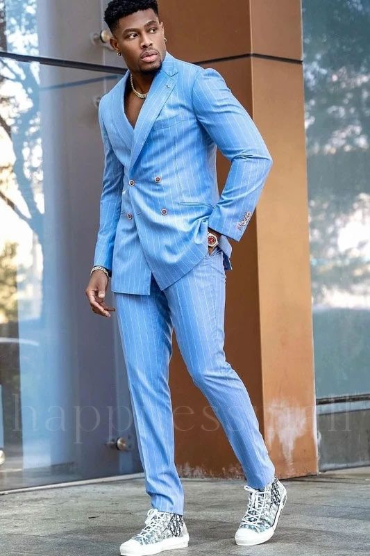 Stylish Sky Blue Double Breasted Striped Prom Suits With Notched Lapel