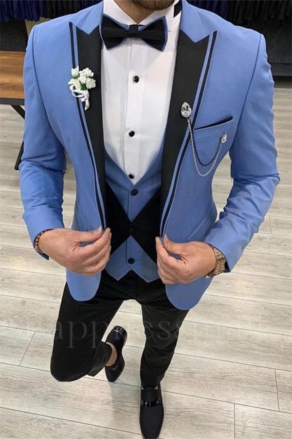 Amelia Trendy Blue Slim Fit Peaked Lapel Three Pieces Men Suits