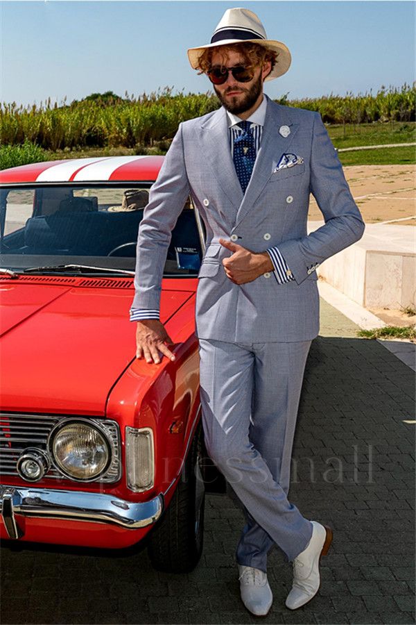 Stellan Silver Double Breasted Peaked Lapel Plaid Men Suits