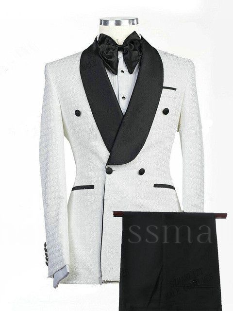 Magnus White Jacquard Double Breasted Shawl Lapel Wedding Suit For Bridegrooms