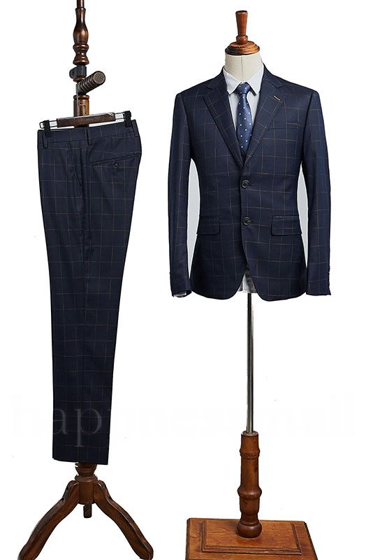 Samuel Advanced Navy Blue Plaid Notched Lapel 2 Button Slim Fit Business Suit