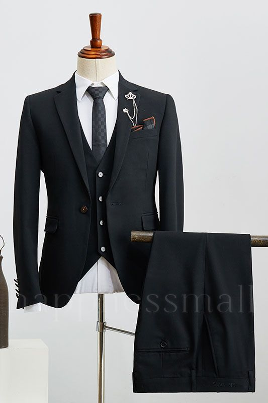 Umberto Popular All Black 3 Pieces Notched Lapel Business Suit For Men