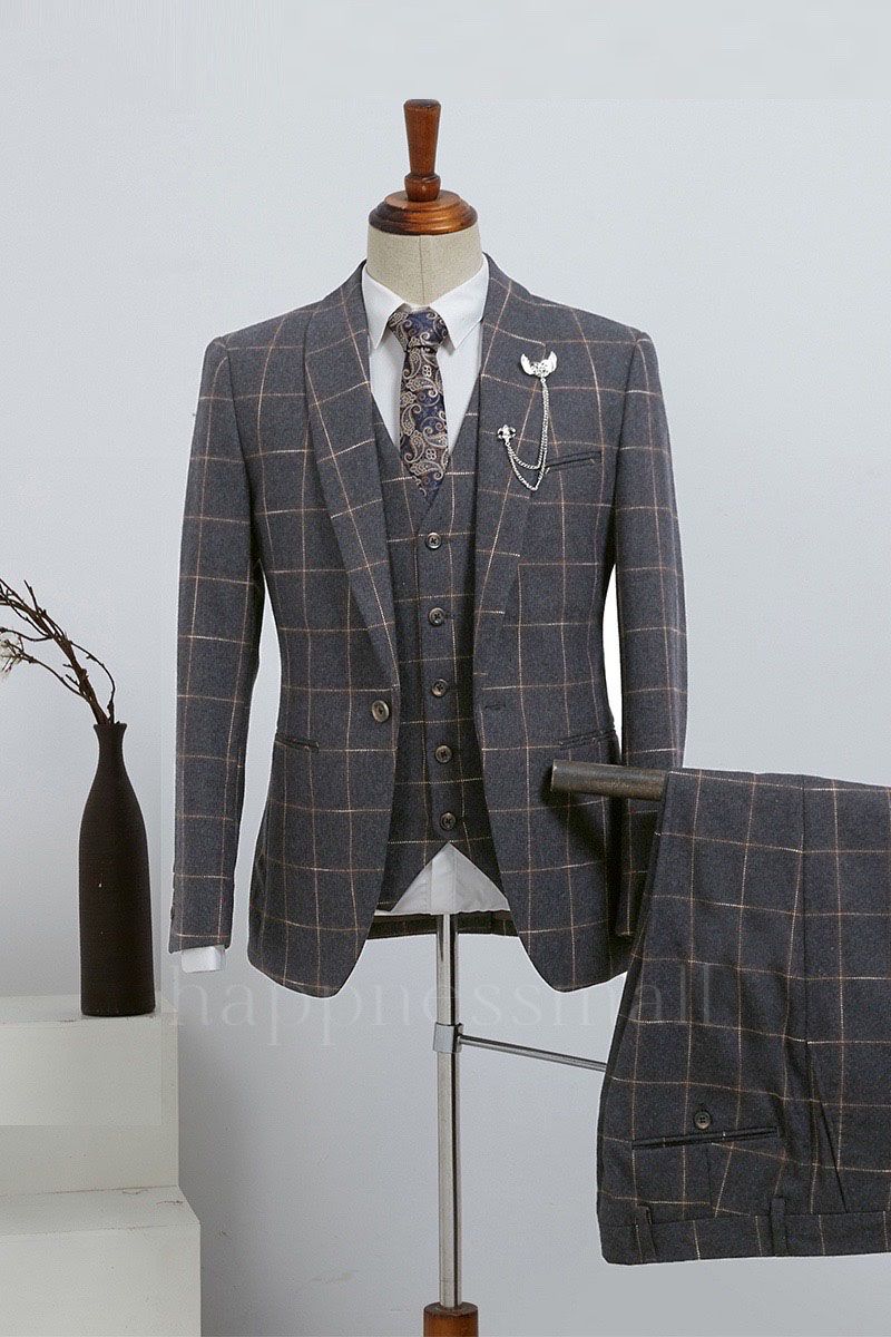 Genevieve Advanced Dark Gray Plaid 3 Pieces Slim Fit Custom Business Suit