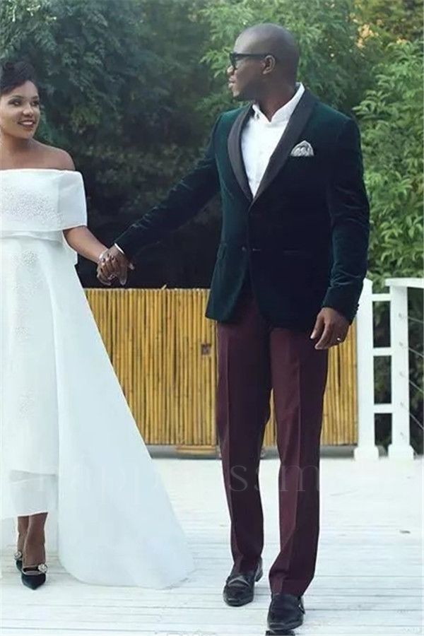 Cassian Trendy Dark Green Velvet Shawl Lapel Wedding Suits for Men