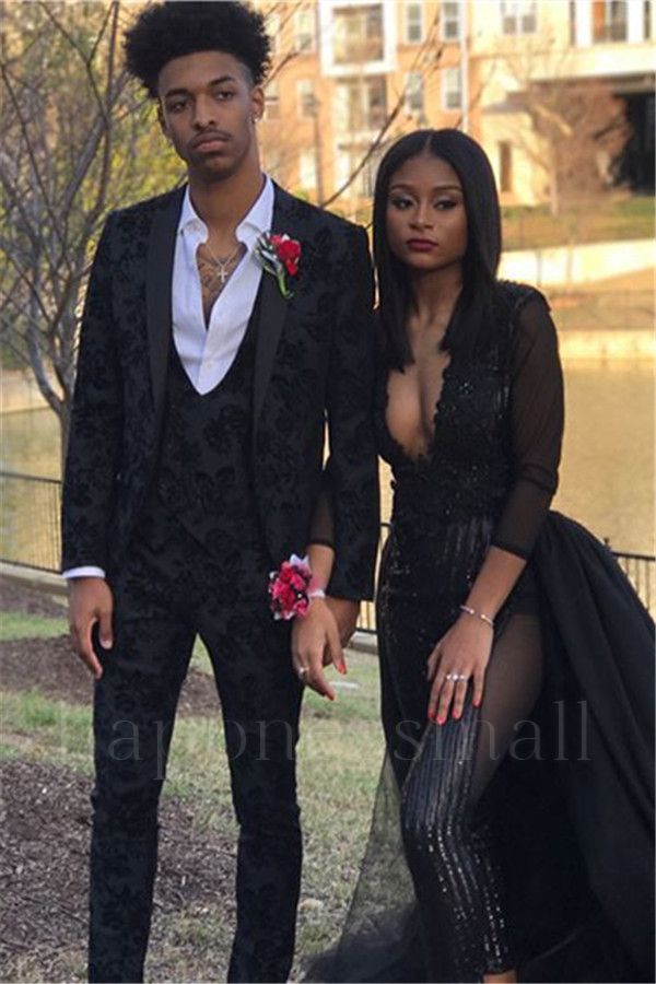 Gideon Simple Black Jacquard Slim Fit Three-Piece Prom Men Suits