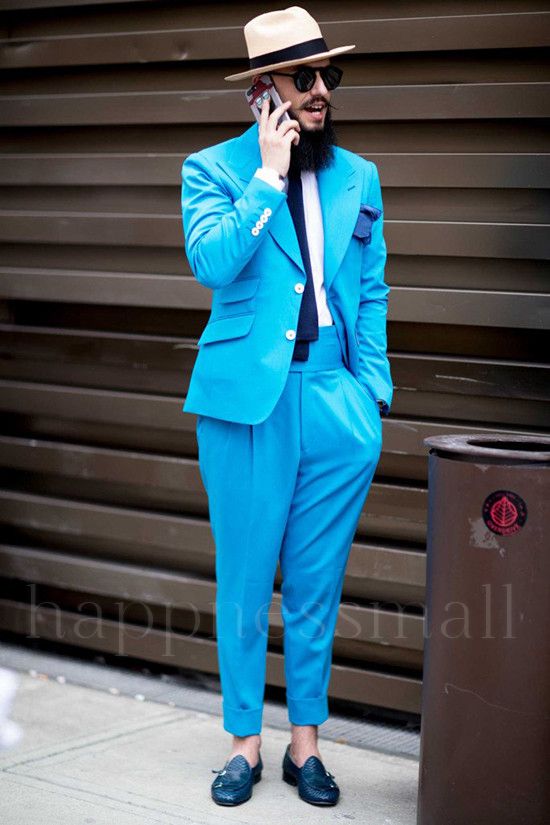 Artemis Trendy Ocean Blue Close Fitting Peaked Lapel Men Suits for Prom