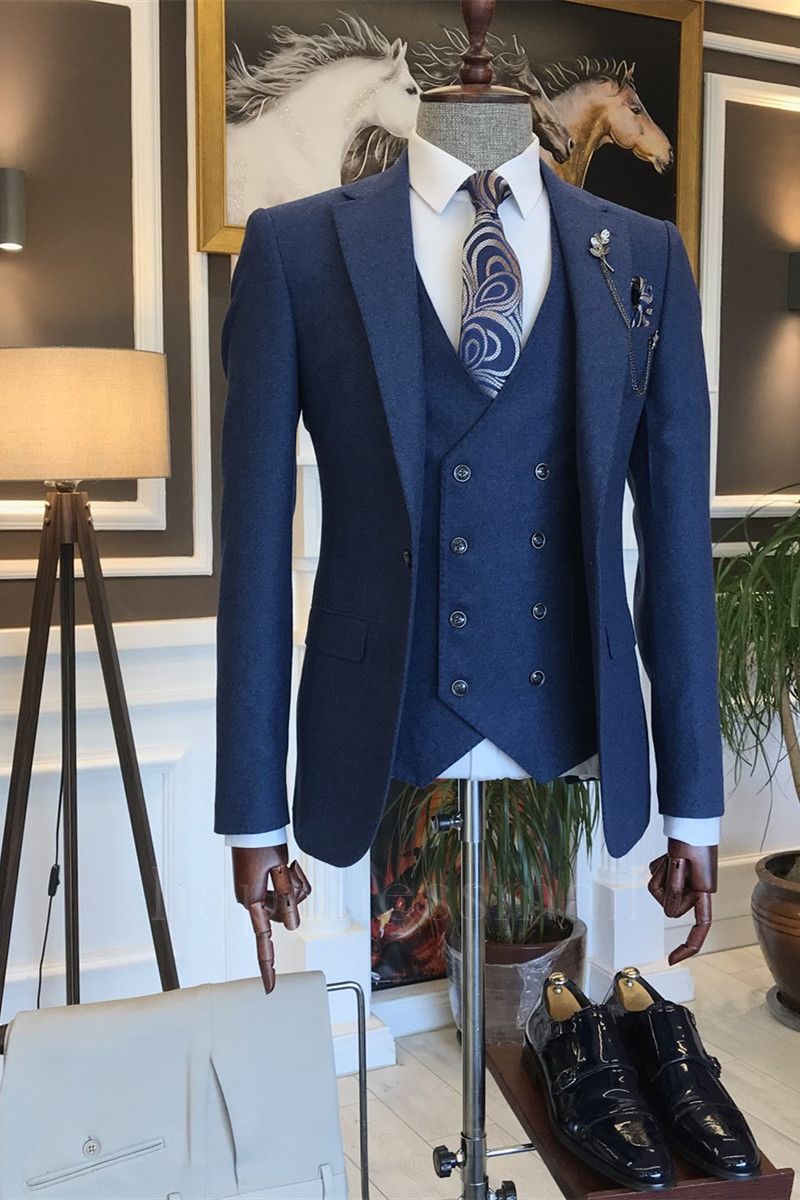 Modern Ocean Blue 3-pieces Notch Lapel Men Suits For Business | Happnessmall