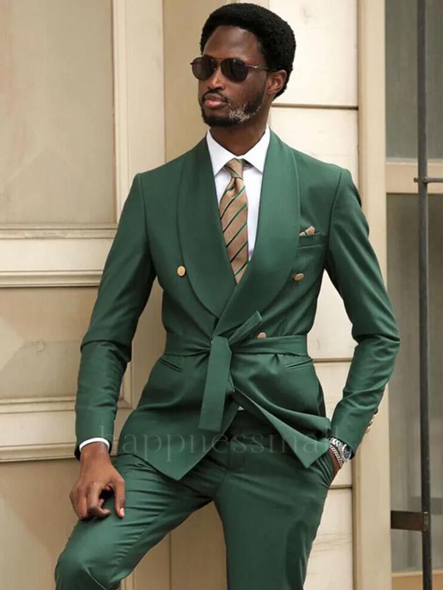 Happnessmall Newest Green Shawl Lapel 2 Piece Men's Suit With Belt