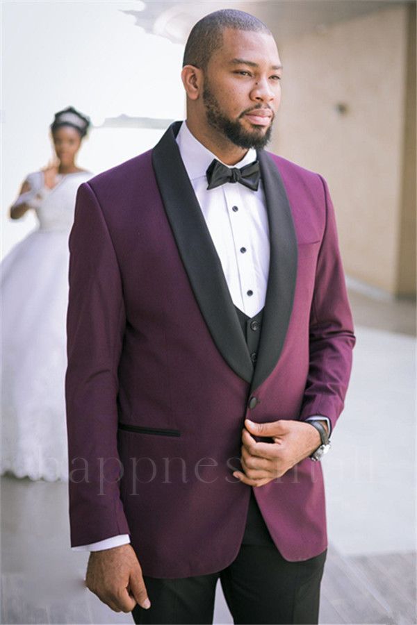 Caius Modern Purple Slim Fit Three-Piece Wedding Suits with Black Lapel