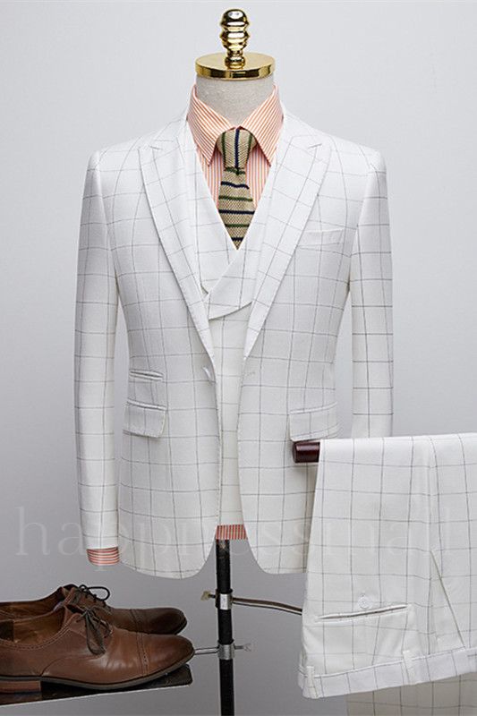 Fashion  Plaid Peaked Lapel Three Pieces Men Suits | Happnessmall
