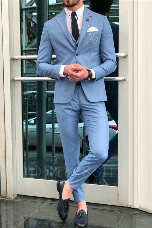 Dimitris Fashion Blue Peaked Lapel Slim Fit Men Prom Suits