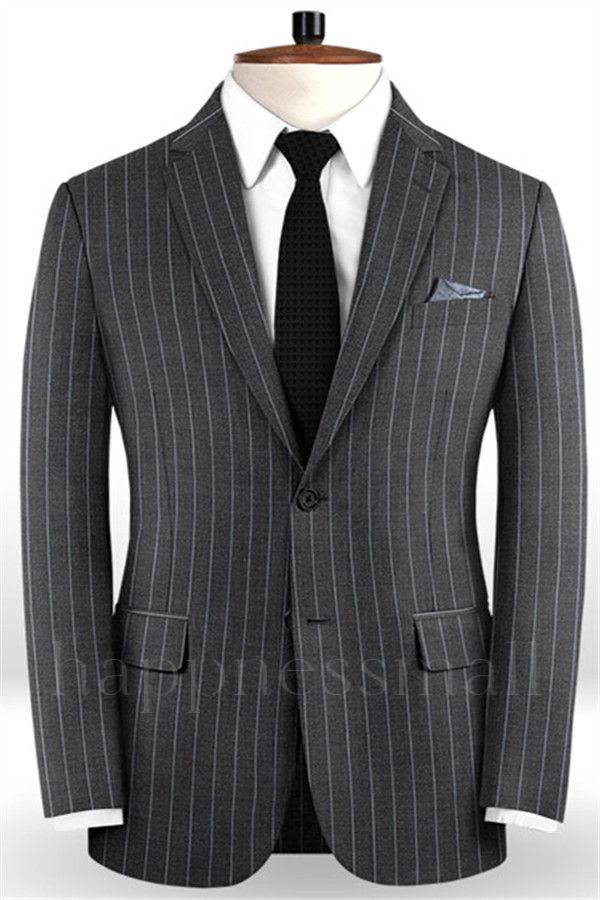 New Arrival Smoking Gray Men Suits For Business | Modern Striped Notch Lapel Tuxedo Online