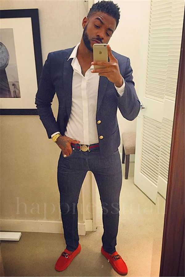 Kermit Smart Navy Blue Peaked Lapel Prom Men Suits Online