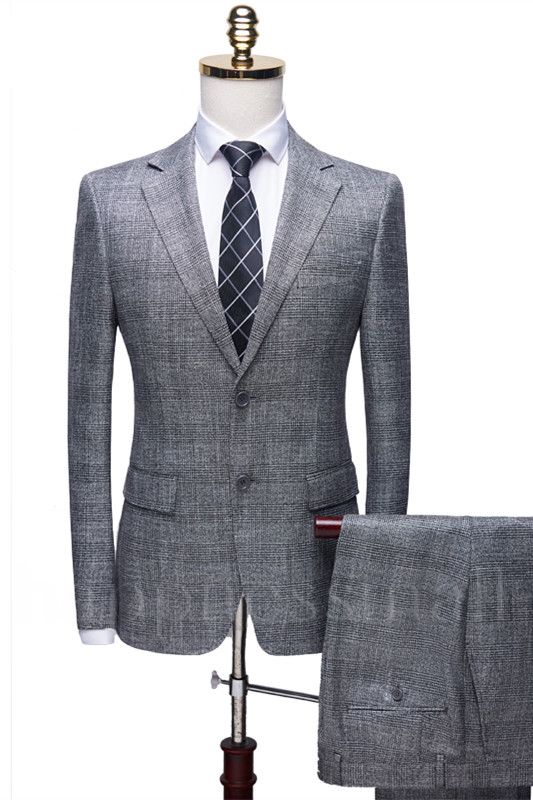 Popular Simple Gray Notch Lapel Plaid Two Pieces Formal Business Men Suits