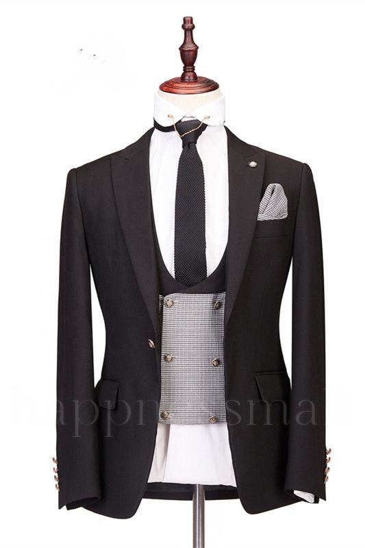 Classic black collar slim fitting men's business three piece set
