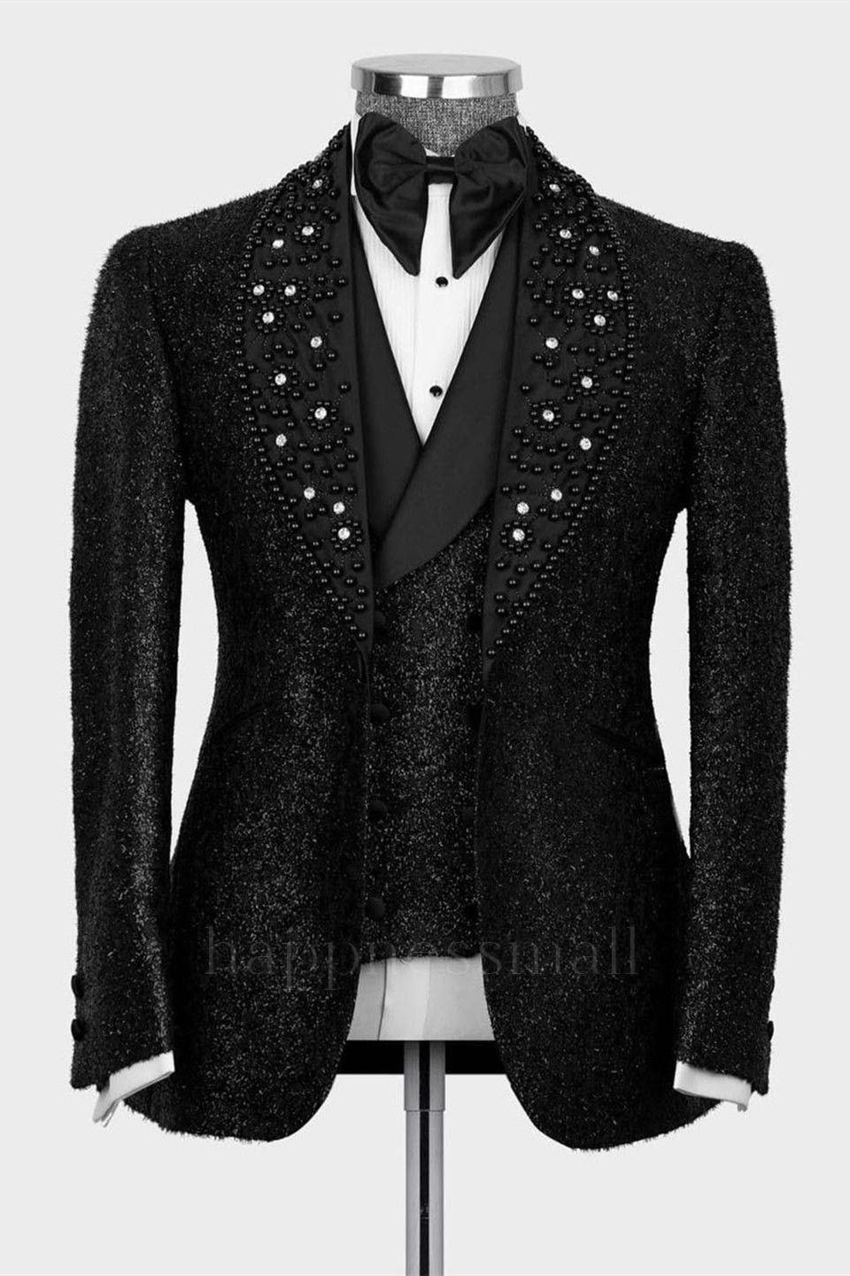 Shiny Black Beading Shawl Lapel Three Pieces Prom Men Suits | Happnessmall
